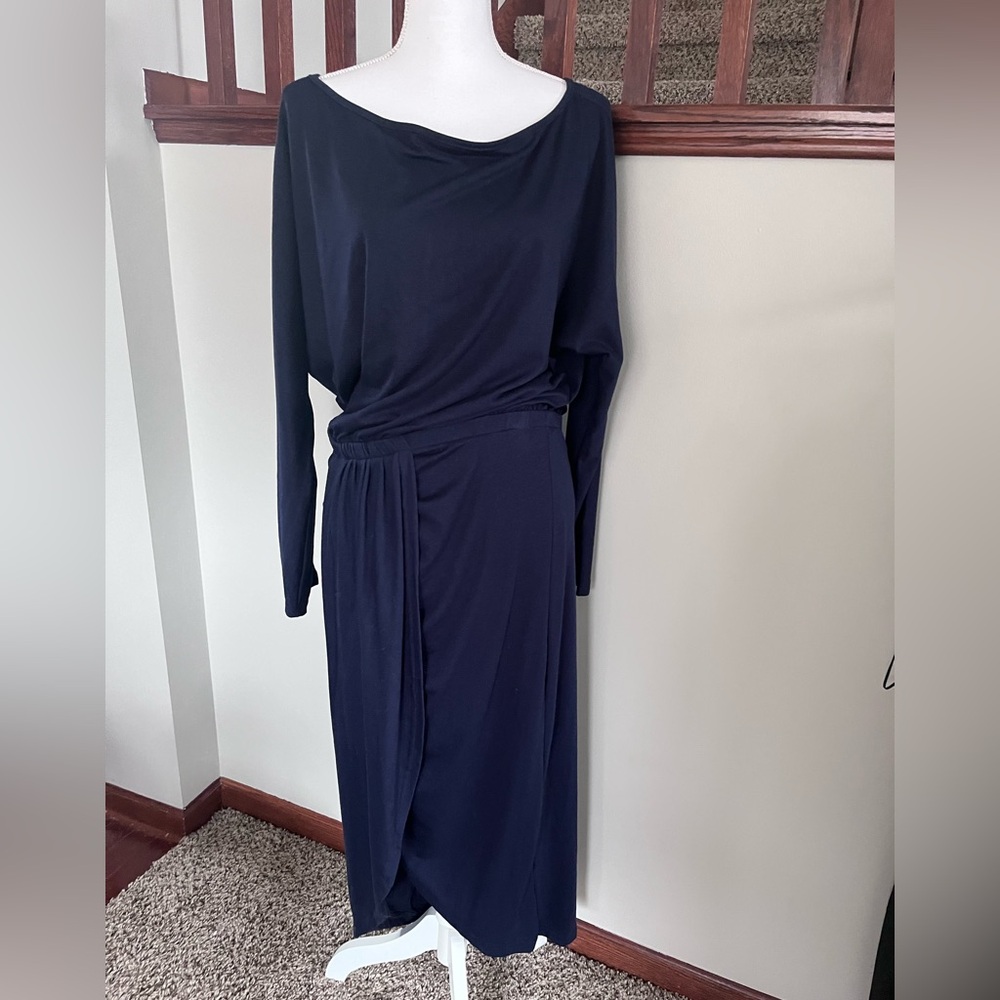 Elegant Navy Draped Midi‎ Dress Long Sleeve Ruched Waist Wrap Style Evening Chic